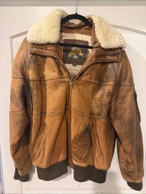 Adventure Bound vintage Shearling-Collar Brown Leather Bomber Jacket